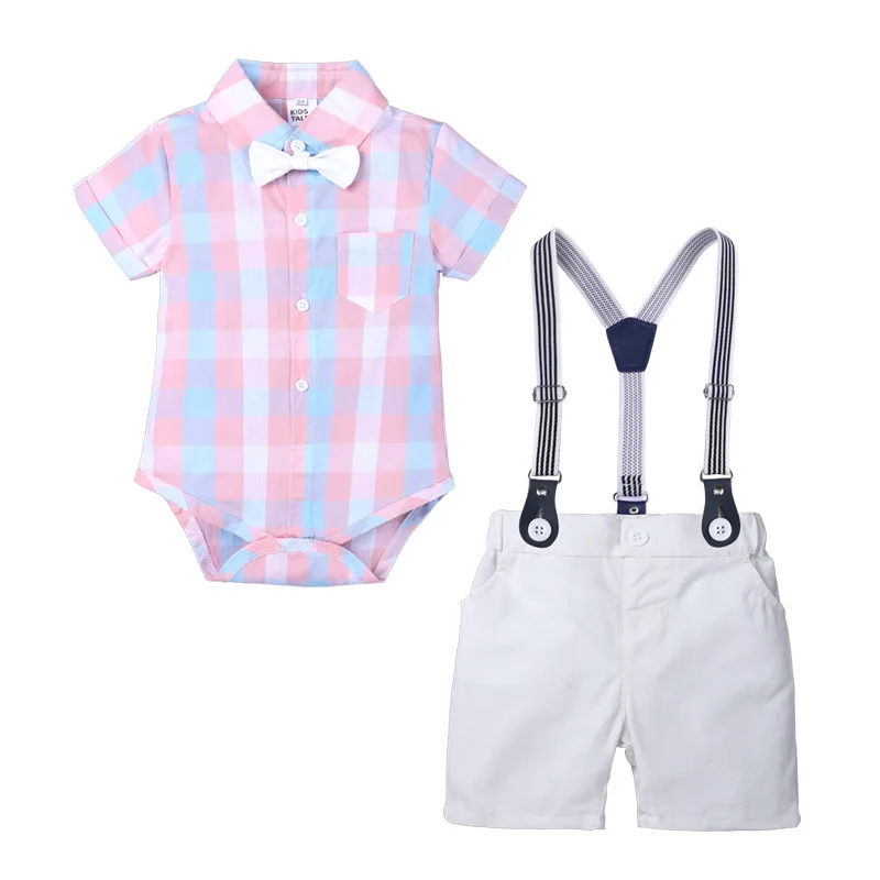 Summer Boys Suit formal Dress outfit Tie shirt romper Short Sleeve Uniform bib Shorts 4pcs toddler boys clothing set |