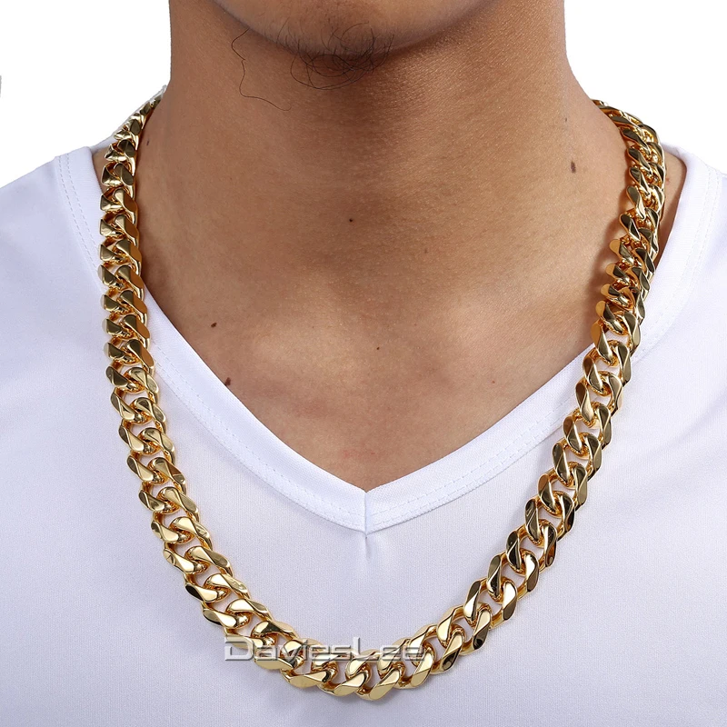 

Davieslee Gold-color Cut Curb Cuban Link Stainless Steel Necklace Mens Fashion Chain Jewelry (15mm Wide) DLKN332
