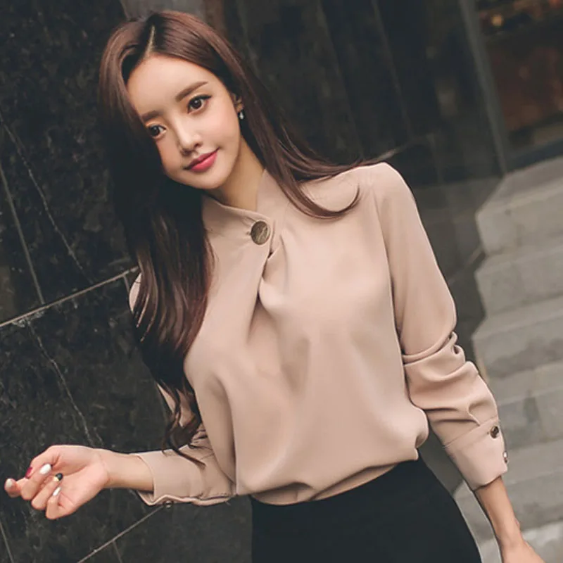 Blusas mujer de moda, винтажный шифоновый свитер, осенняя стильная женская блузка, рубашка с длинным рукавом и стоячим воротником, Свободная блуза 1478 45