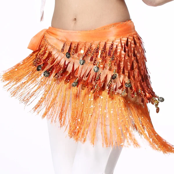 Orange with sequins Женский живот аксессуары для танцевальной одежды каплевидные пайетки накидка с бахромой эластичная основа галстук-краситель треугольник ремни монеты хип шарф - Цвет: Orange with sequins