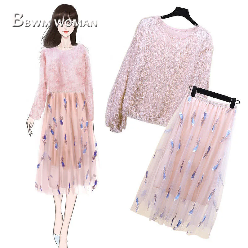

2019 Spring Fairy Pink Blouse and Skirts Women Sets Fashion Female Sets