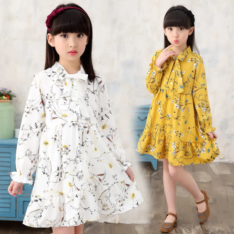 big girl clothes 2018 teenager girls loose chiffon dress long sleeve autumn winter floral printing cotton for 4- 14 years | Детская