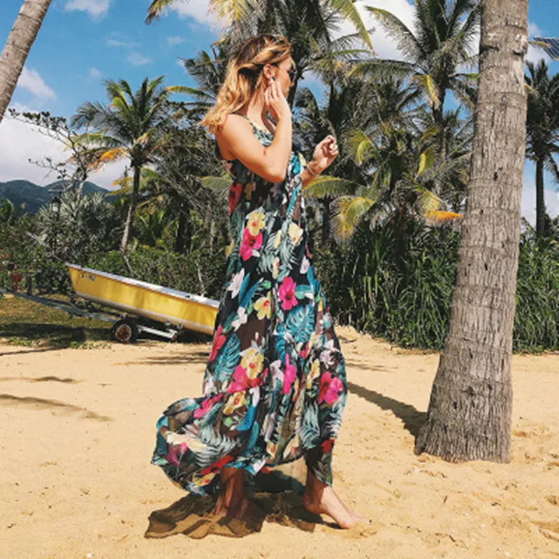 

Casual Print Women Summer Dress Sexy Sleeveless V-neck Long Summer Beach Vestidos Sunscreen Spaghetti Strap Female Dress