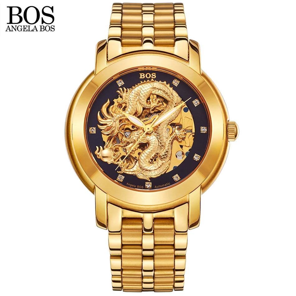 Мужские механические часы скелетоны ANGELA BOS с китайским драконом и 3D резьбой