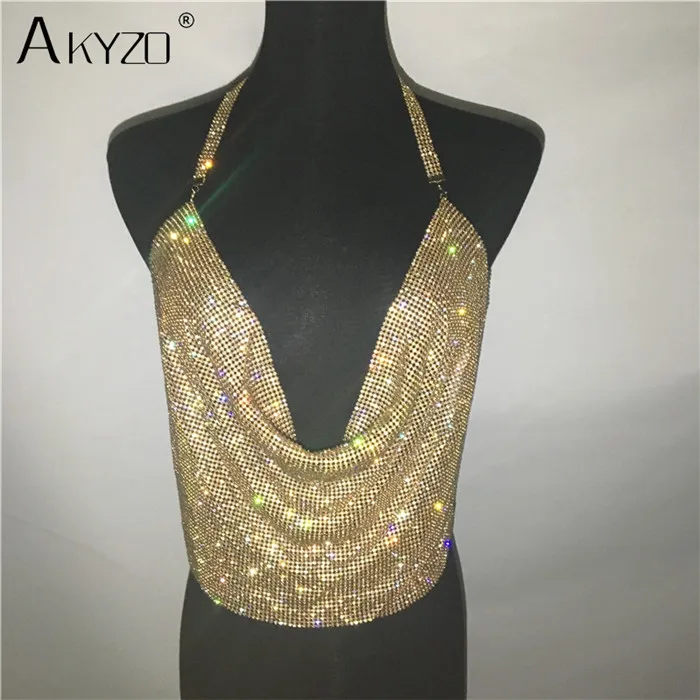 Gold AKYZO женский сексуальный блестящий топ с лямкой на шее, стразы, новинка, блестящие летние пляжные укороченные топы с открытой спиной и кристаллами ручной работы - Цвет: Gold