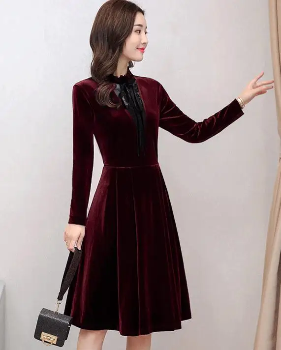 Женское летнее платье 2019 модное золотистое бархатное с длинным рукавом в новом