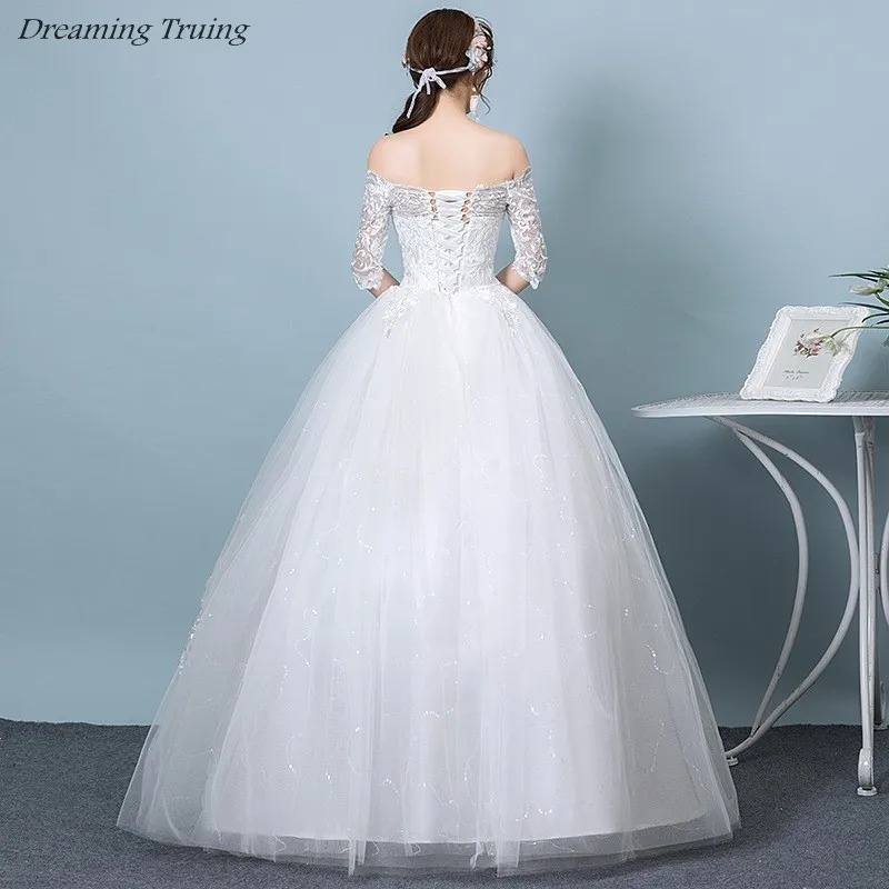 Shiny Half Sleeve Ball Gown Wedding Dresses With White Appliques Lace Up Boat Neck Off Shoulder Bridal Dress Robe De Mariee 2019 | Свадьбы и