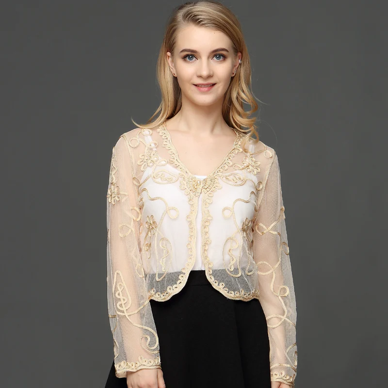 Женская летняя куртка болеро с длинным рукавом тонкий прозрачный сетчатый