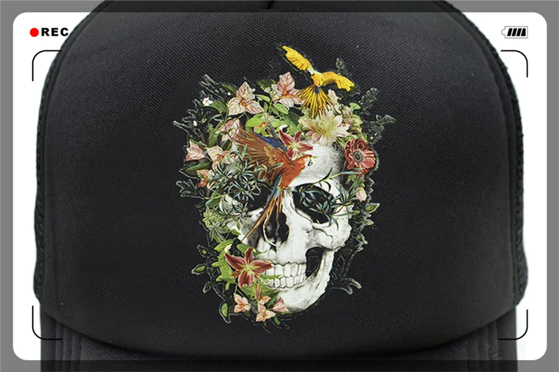 CLIMATE Flower Skeleton Trucker Cap Men Cool Skull Bone Cap HipHop Baseball Caps Summer Bloodcurdling Black Mesh Cap Hat for Men