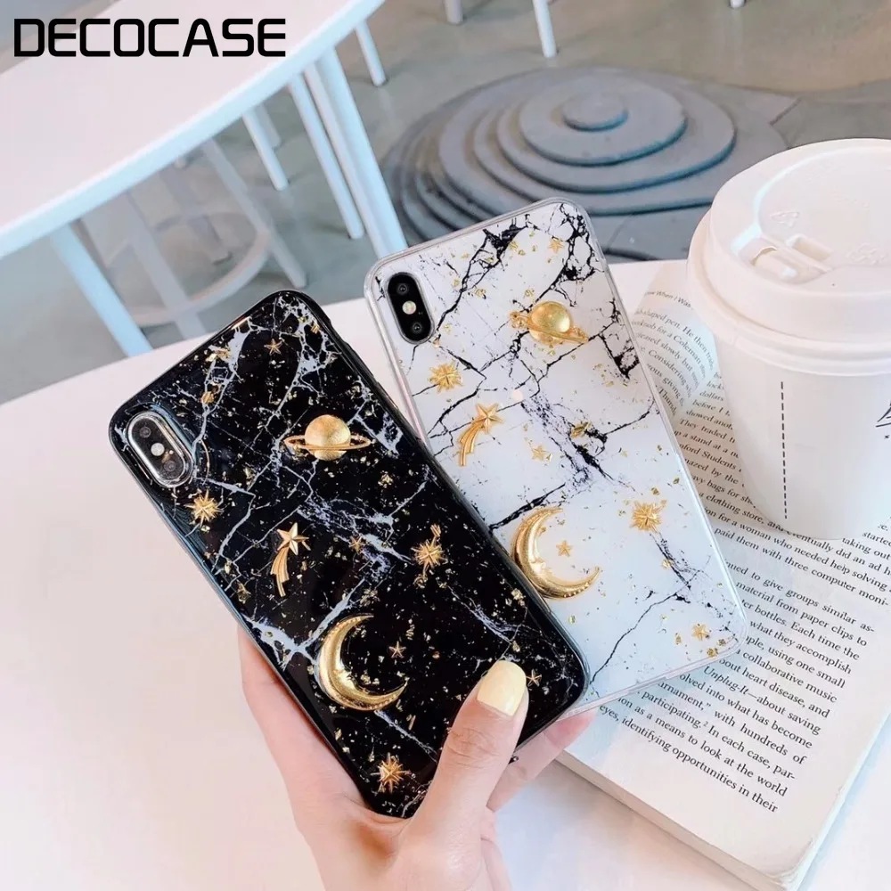 DECOCASE Роскошные 3D Золотая фольга планета Звезда Луна Черный Белый мрамор