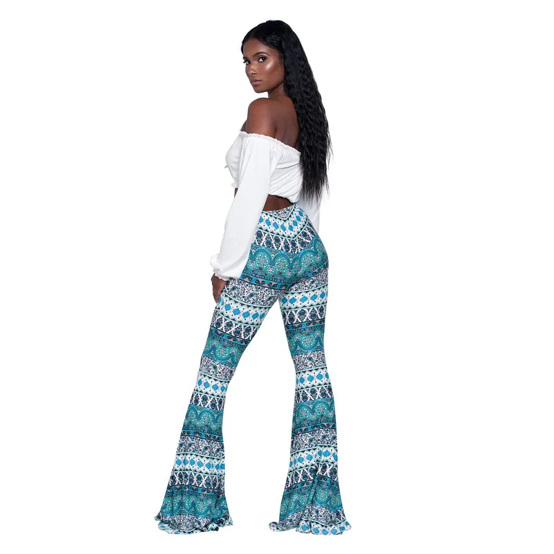 Printting Boho Для женщин расклешенные брюки 2018 Хлопок Лен Длинные для леди Высокая