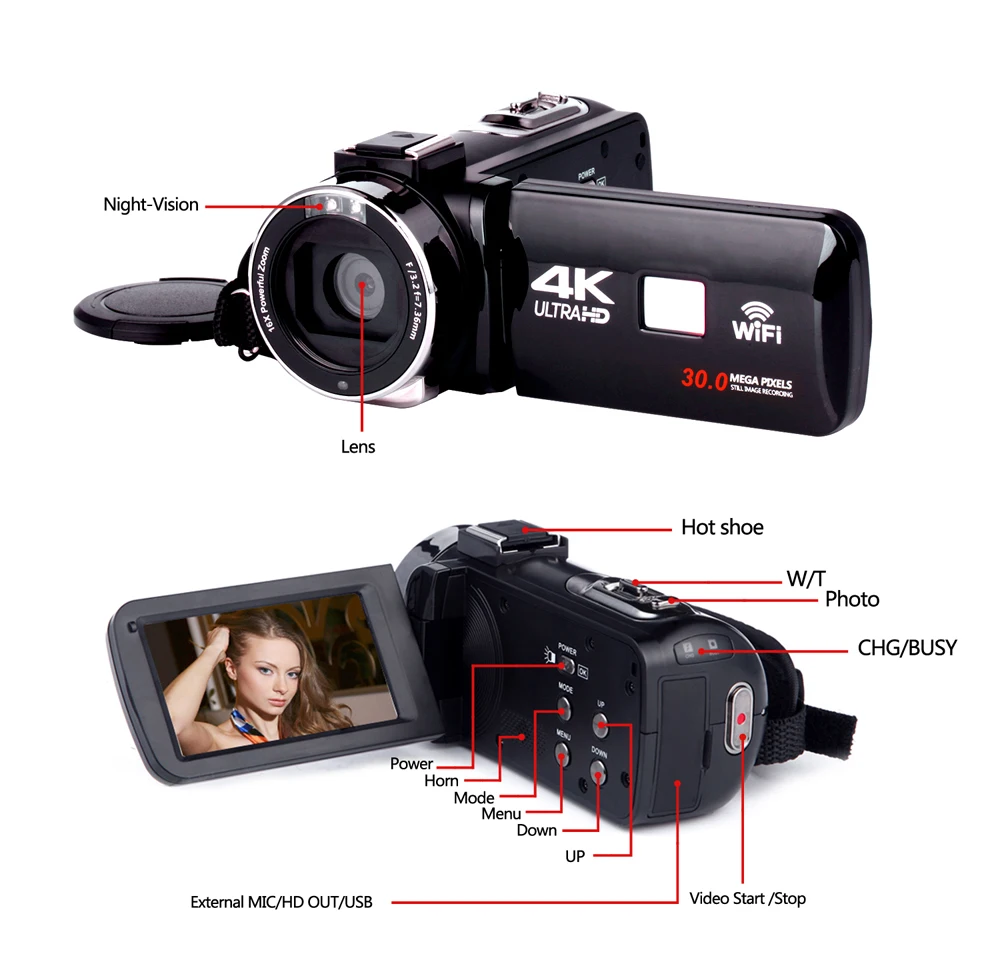 Оригинальная видеокамера KOMERY, поддержка 4 K, Wi-Fi, ночное видение, 3,0 дюймов, сенсорный ЖК-экран, покадровая фотография, три года гарантии
