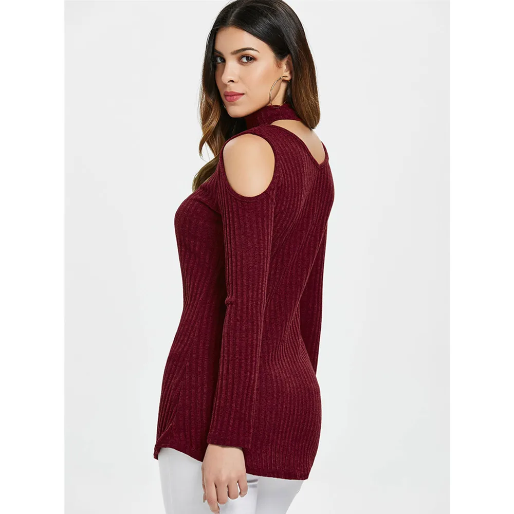 VESTLINDA Sweaters Fashion 2018 Women Cold Shoulder Long Sleeve Knitted Top With Choker Winter Clothes Jumper Pullover Femme | Женская