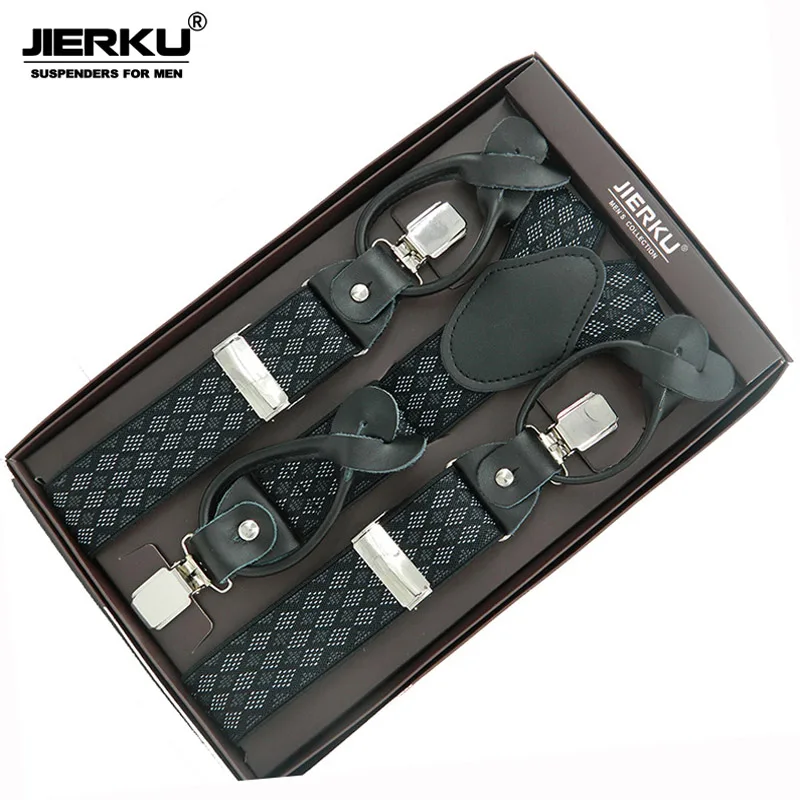 Серебристый JIERKU подтяжки из натуральной кожи мужские подтяжки 3 зажима подтяжки на кнопках брюки ремень подарок для отца/мужчины - Цвет: Серебристый