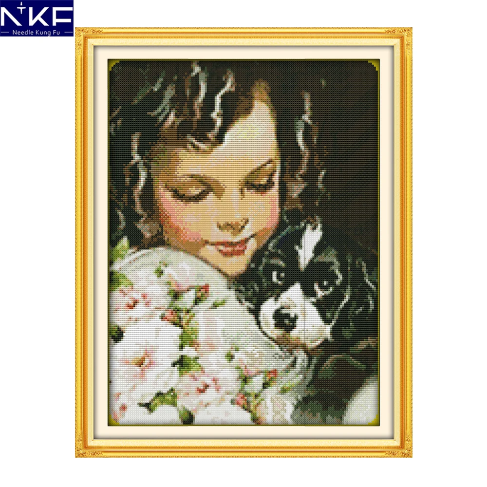 

NKF Dog and Girl Cross Stitch Painting DIY Kits Cross Stitch for Embroidery Home Decor Needlework Cross Stitch Pattern