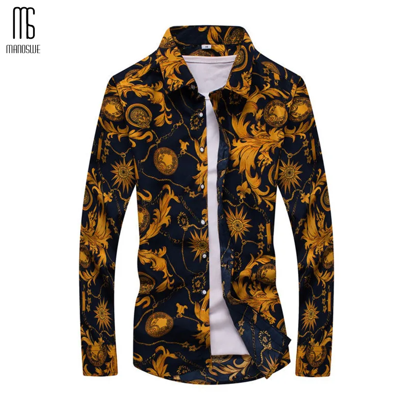 Цветочный принт Для мужчин рубашка тонкий топы с длинными рукавами модная