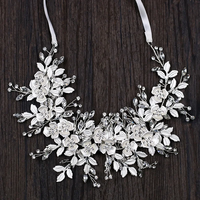 

luxury white metal flower headbands beads women bridal headwear Tiara wedding hair jewelry