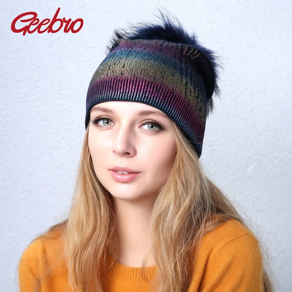 

Geebro Womens Beanies Hat Winter Casual Warm Knitted Wool Beanis With Real Fur Pom Pom Ladies Raccoon Fur Pompons Skullies Hat