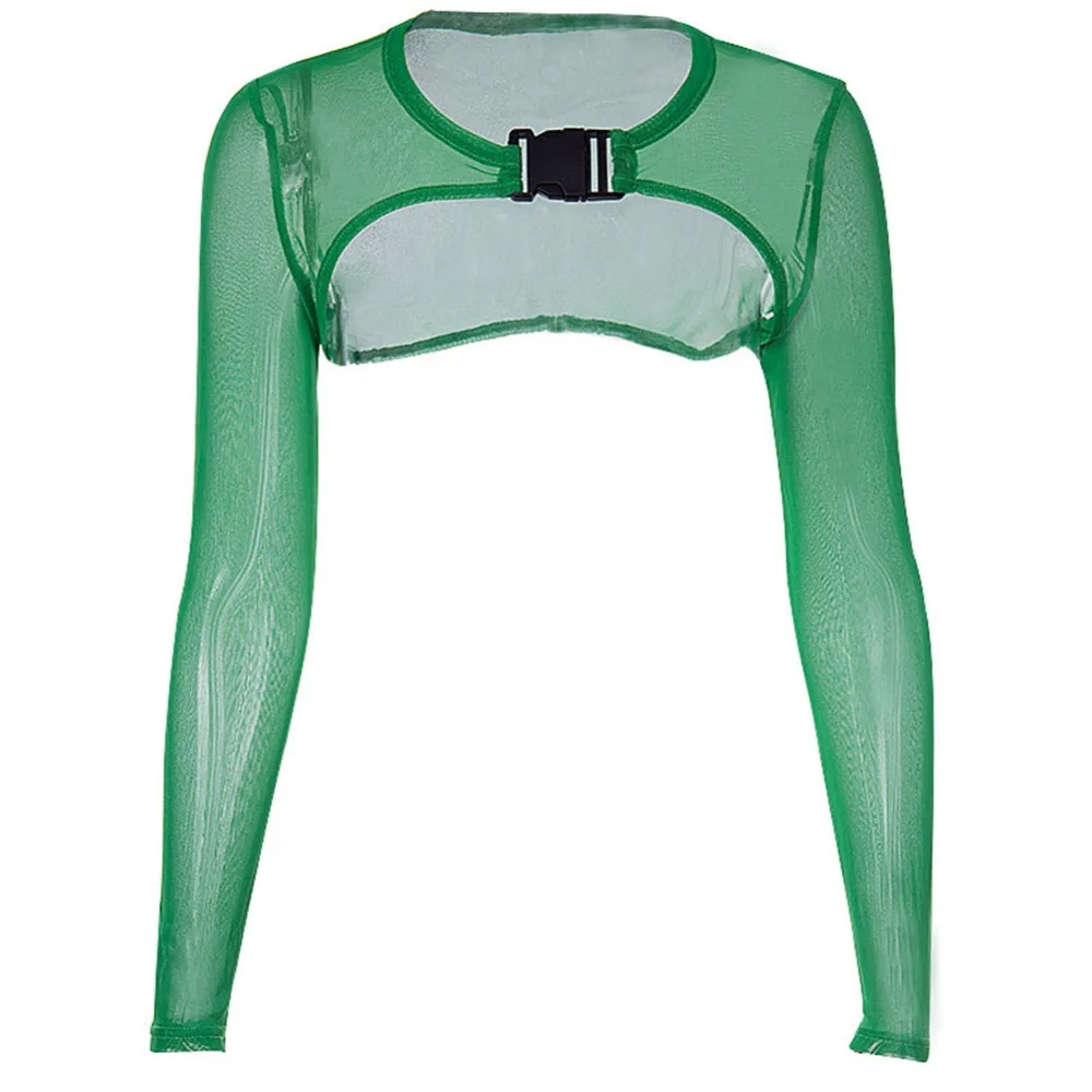 Sexy Transparent Mesh T-Shirt Women Crop Top O Neck Buckle Long Sleeve Half Tops Ultra short Personality hot | Женская одежда