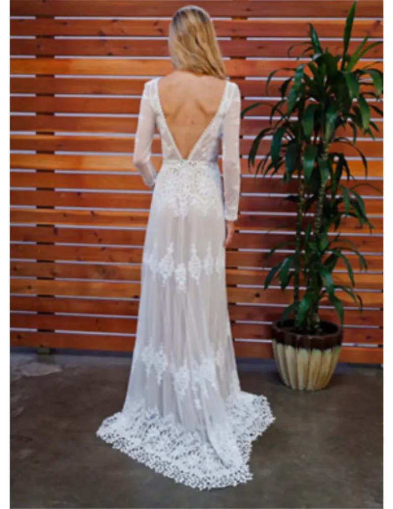 MZYHD64 Lace Bateau Bohemian A Line Wedding Dress Long Sleeve Backless Bridal Gown vestido de noiva Custom 6 8 10 12 14 16 18+ | Свадьбы и