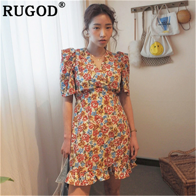 Женское платье RUGOD мини с цветочным принтом кружевное коротким рукавом и