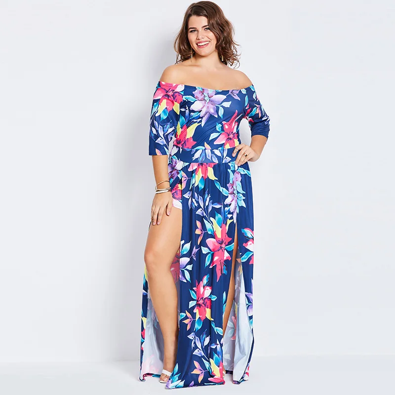 Женское платье с вырезом лодочкой Plusee синее Ассиметричное большого размера 4XL 5XL