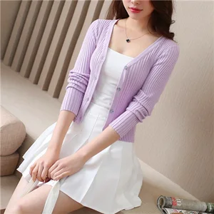 Женский облегающий кардиган с V-образным вырезом, укороченный Кардиган с длинным рукавом, однотонные болеро, Короткие кардиганы карамельных цветов