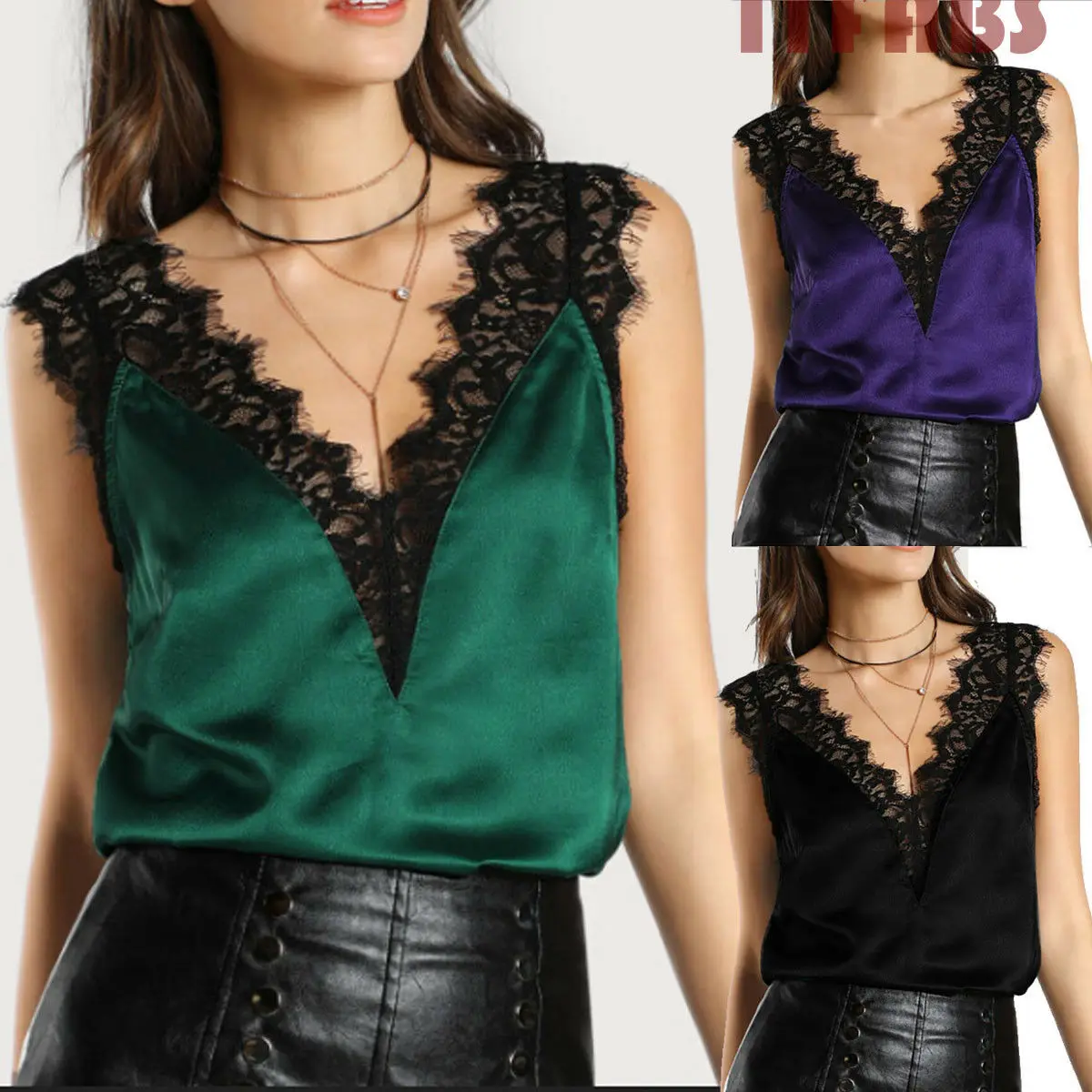New Fashion Women's Casual Lace Patchwork Strappy Tank Tops Sleeveless V-Neck Party Black Cami Camisole Vest | Женская одежда