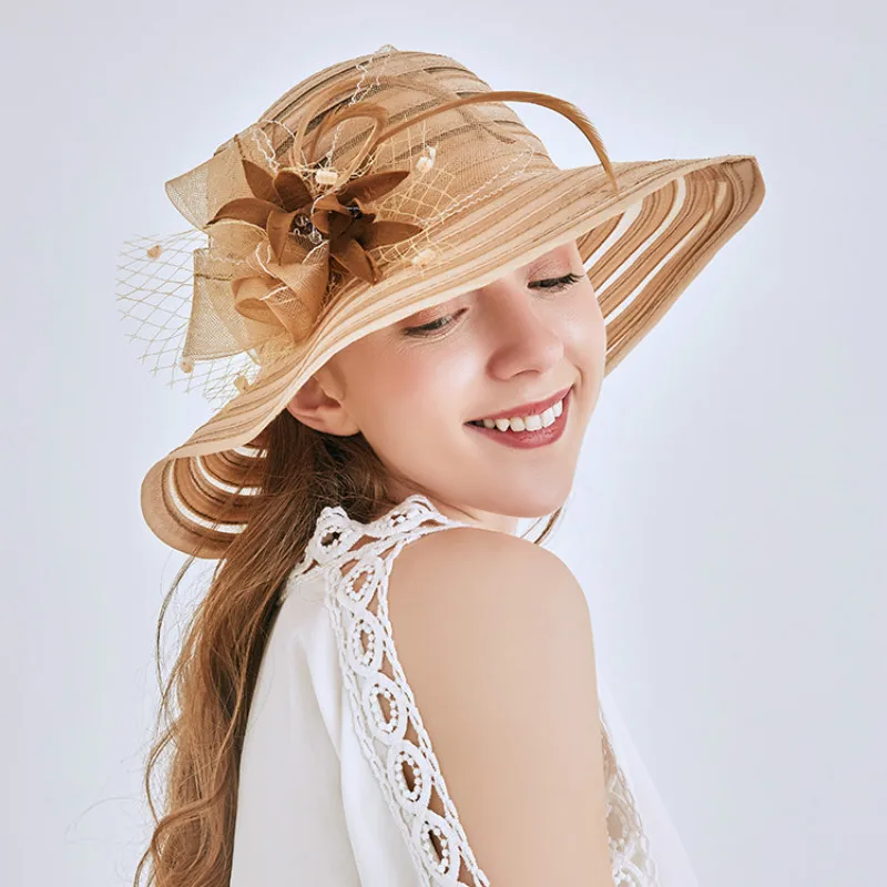 

Sunscreen Yarn Fedoras Hat Female Summer Striped Beach Hats Fashion Flowers Church Women Caps Party Outdoor Ladies Cap H6504