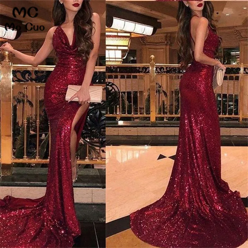 

2019 Shiny Sequined Burgundy Evening Dresses Long V-Neck Side Slit Women Evening Dresses long Custom Made