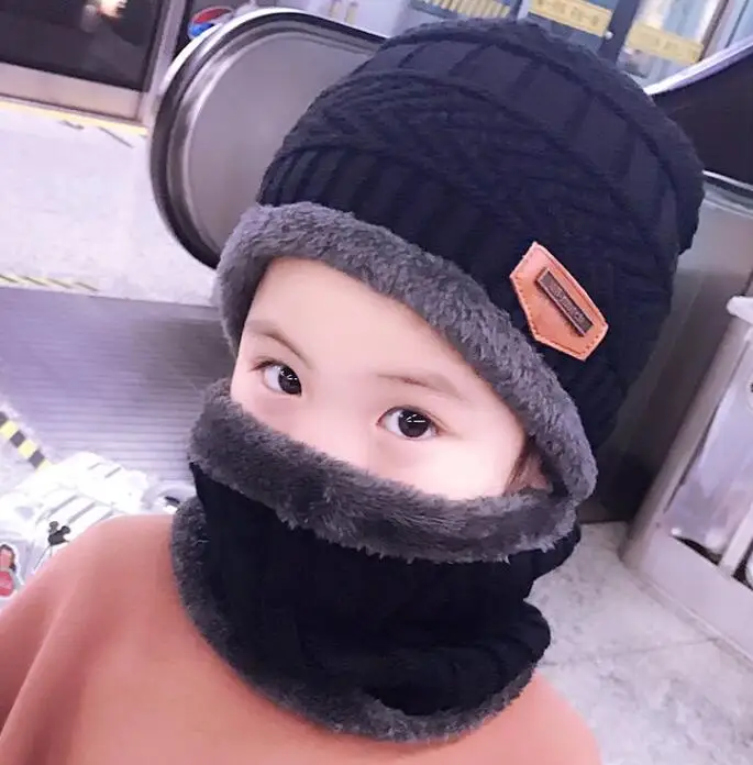 children(48-54cm) Детская зимняя теплая вязаная шапка, детская шапка Skullies Beanies, круглый шарф с толстой флисовой подкладкой для мальчиков и девочек, для женщин и мужчин - Цвет: children(48-54cm)