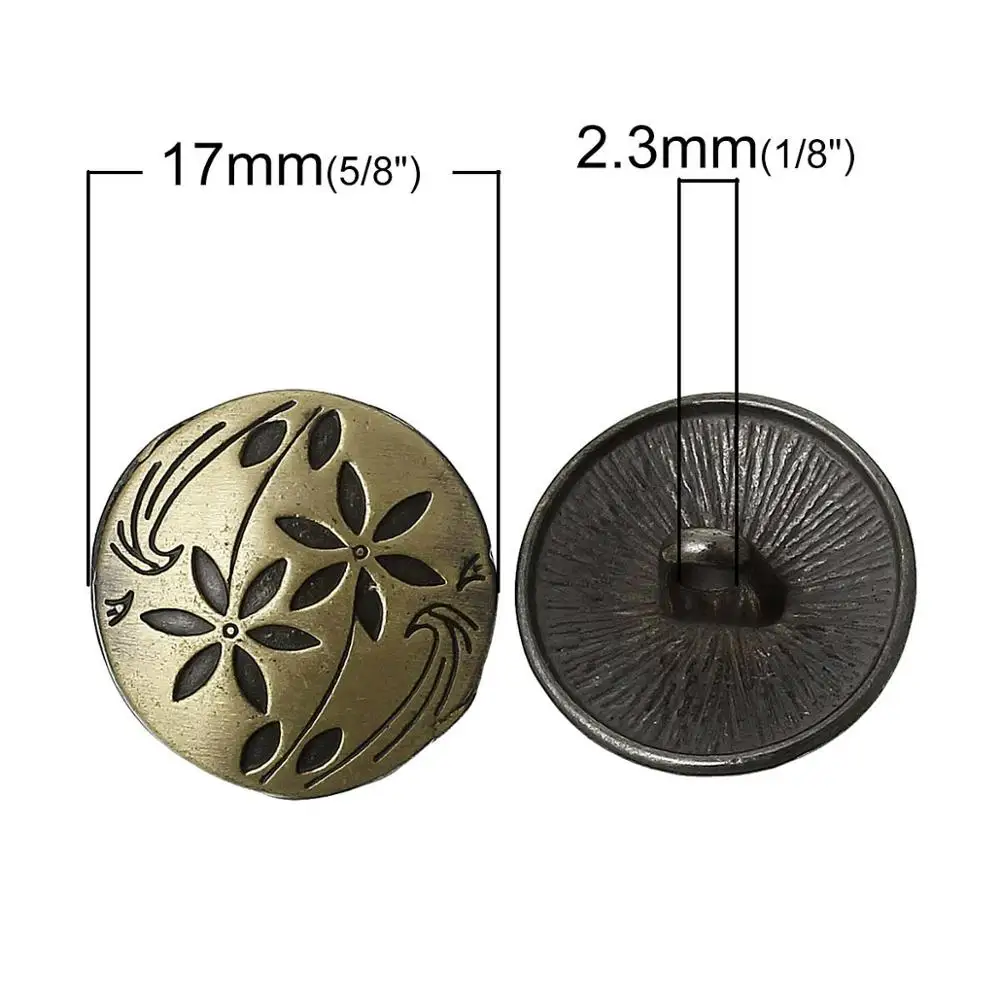 B37319S DoreenBeads, Цинковый металлический сплав, хвостовик, кнопки, металлические пуговицы, Круглые, античные, медные, одно отверстие, сердце, узор 17-23 мм, диаметр, 2 шт - Цвет: B37319S
