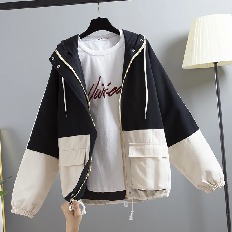 

Women Bomber Jacket Casaco Feminino Spring Autumn Long Sleeve Hooded Coats Ladies Loose Patchwork Harajuku Windbreaker Outerwear