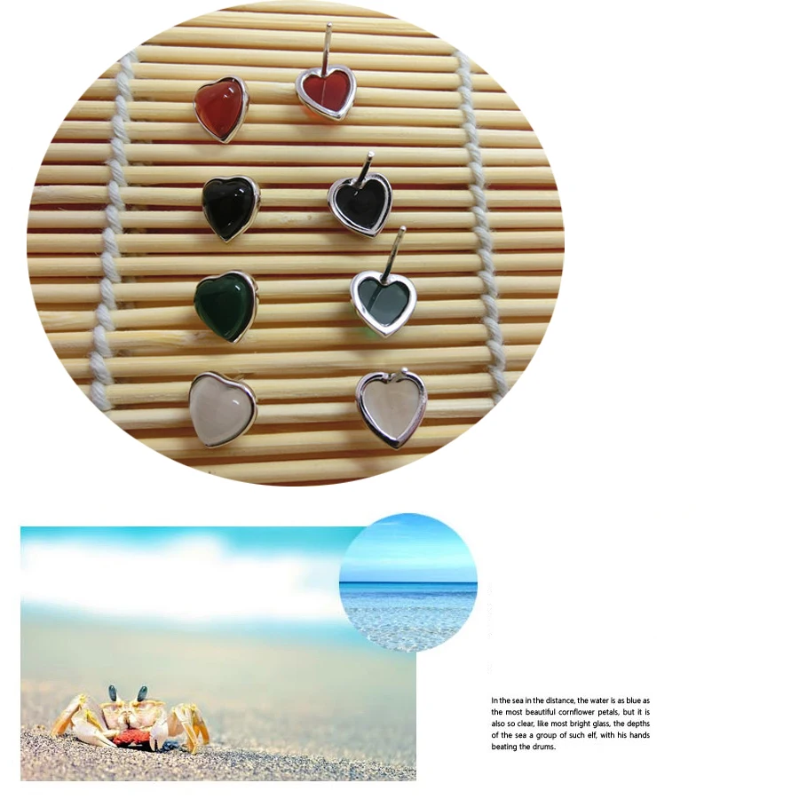 Серьги-гвоздики из чистого серебра 100% пробы с агатом и сердцем 925 | Украшения