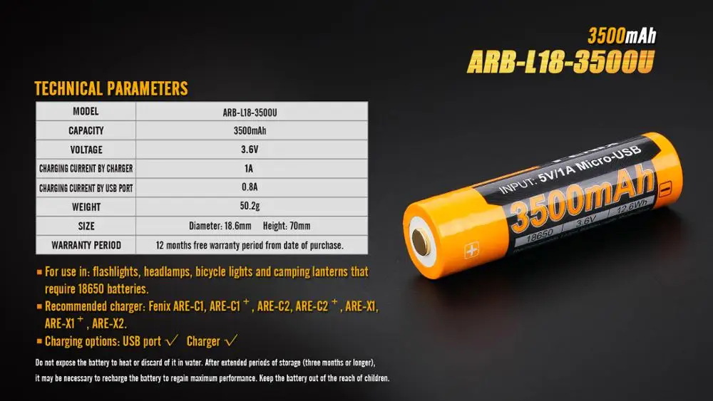 Аккумулятор для зарядки Fenix ARB-L18-3500U 3500mAh USB (1 шт.) | Лампы и освещение