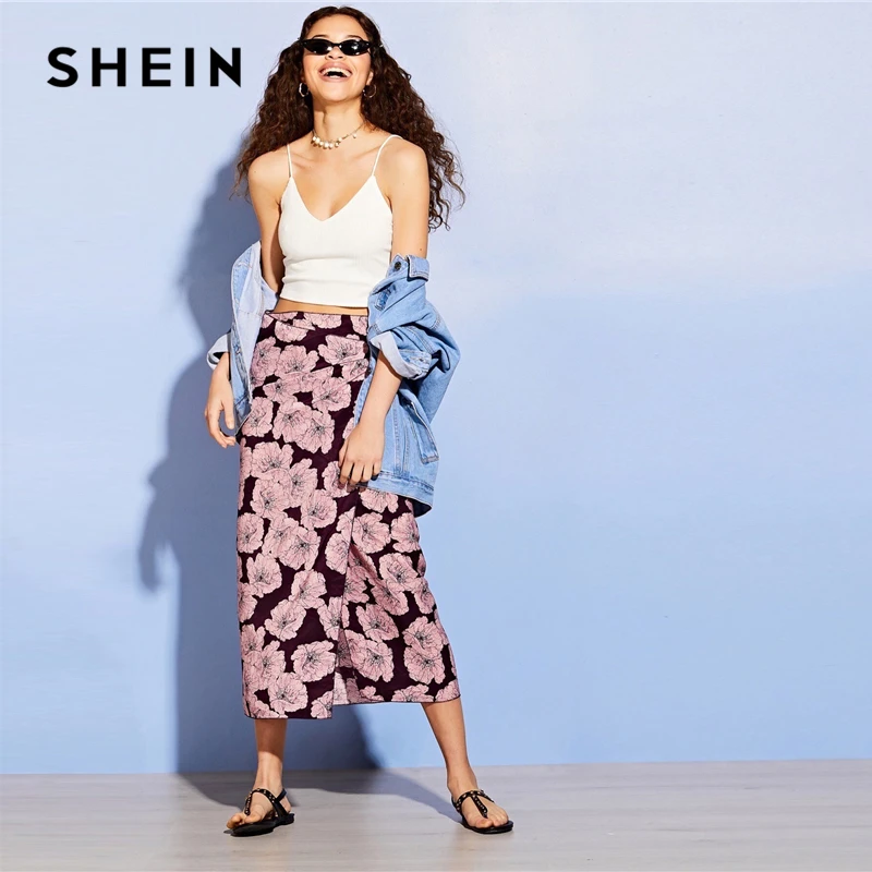 SHEIN Женская длинная юбка с цветочным принтом, с завязками, весна-лето, средняя талия, богемное Цельнокройное платье, разрезные юбки