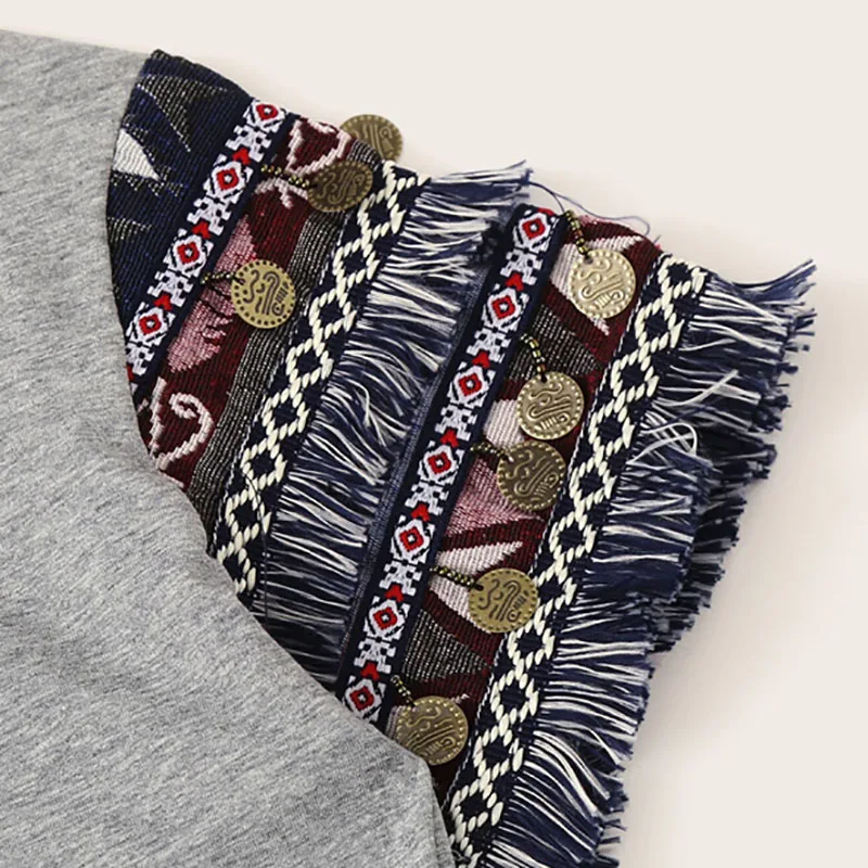 Dotfashion ацтекская серая футболка с бахромой, женская футболка, летние топы в стиле бохо с коротким рукавом, женская одежда, корейская модная футболка