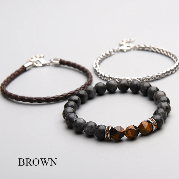 Brown Мужской браслет, 3 шт./лот, набор, ручная работа, сделай сам, микс из натурального камня, классические бусы из натуральной кожи и нержавеющей стали, цепочка, новинка - Окраска металла: Brown
