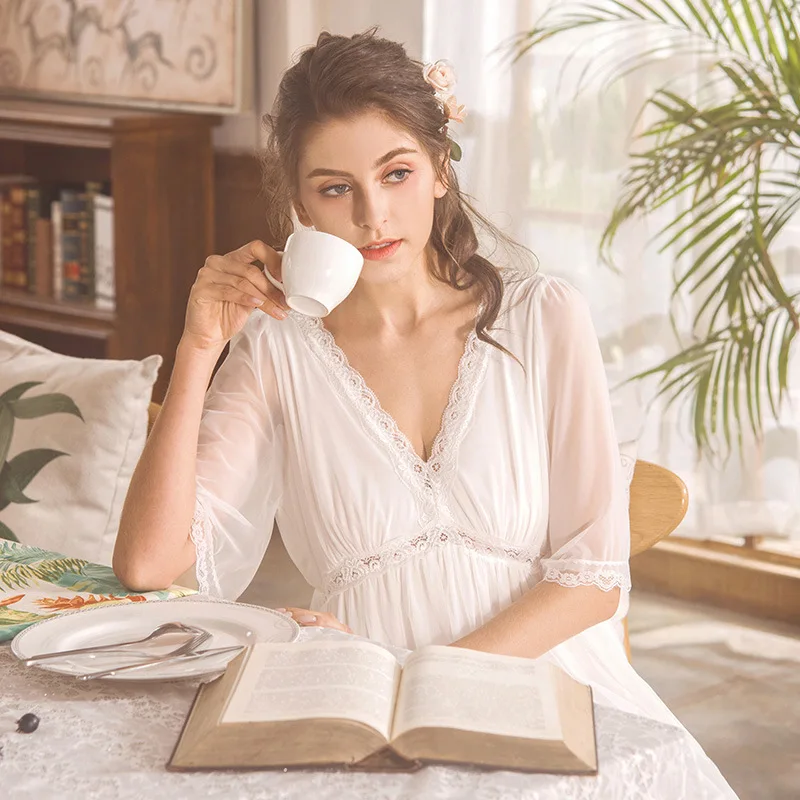 Women's Long Royal Vintage Nightgown Lace Mesh V neck Sleepwear Pink Nightdress | Женская одежда