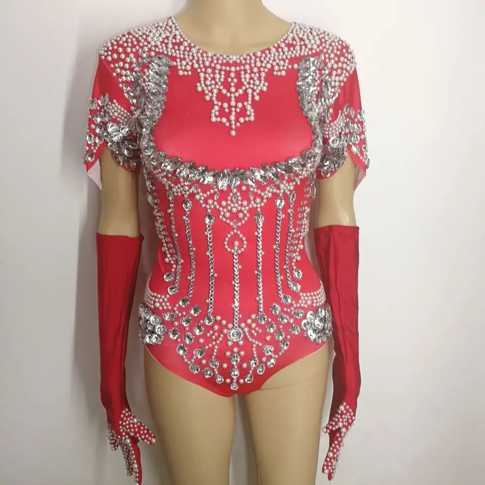 Red leotard bodysuit bright Crystals jumpsuit Rompers female costume sexy performance costume DJ DS show prom bar stage