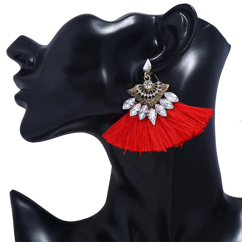 Красные длинные серьги с кисточками ручной работы этнические богемные Стразы