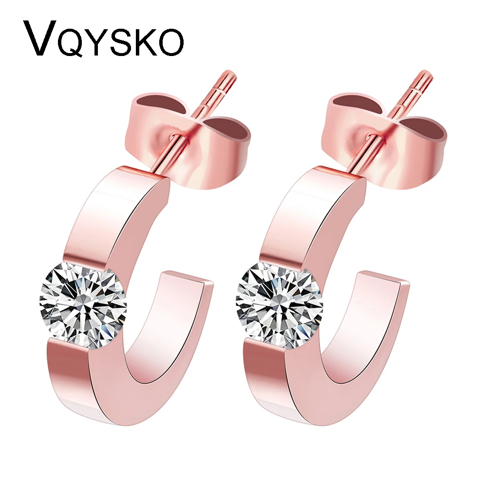 

Fashion Shiny Cubic Zircon Stud Earrings Rose Gold-Color Stainless steel Earrings For Women Jewelry Korean Style