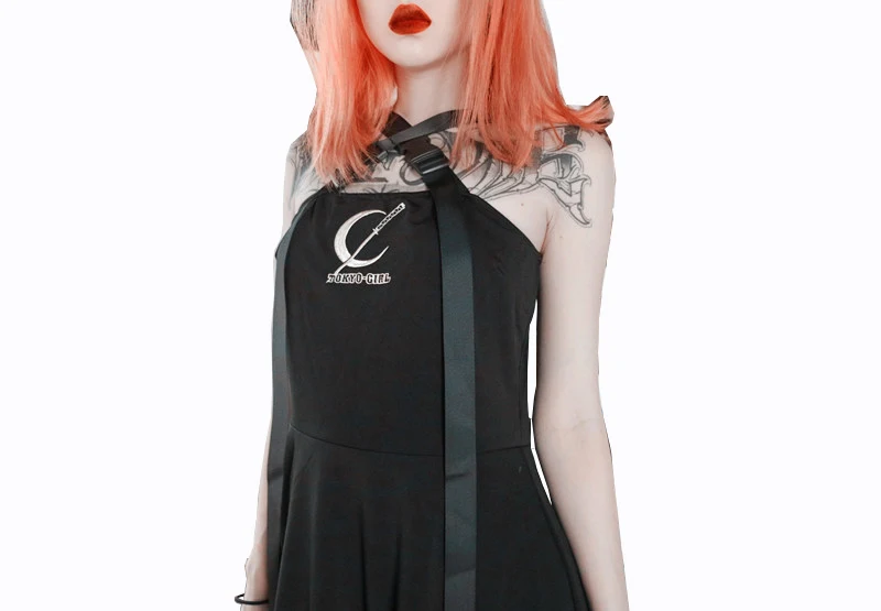 Summer Women Black Dress Vintage Sexy Punk Sleeveless Dark Gothic Backless Embroidery Moon Dresses for Girl | Женская одежда