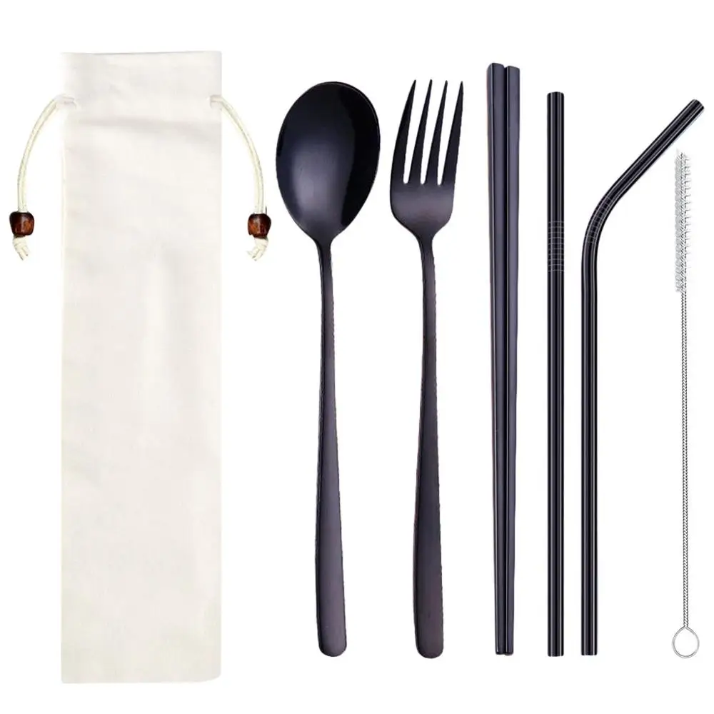 Dinnerware Sets Нержавеющая сталь Портативный столовые приборы комплект Ложка Вилка палочки для еды соломы с упаковка ткани для путешествия на открытом воздухе мала palha#15 - Цвет: Dinnerware Sets
