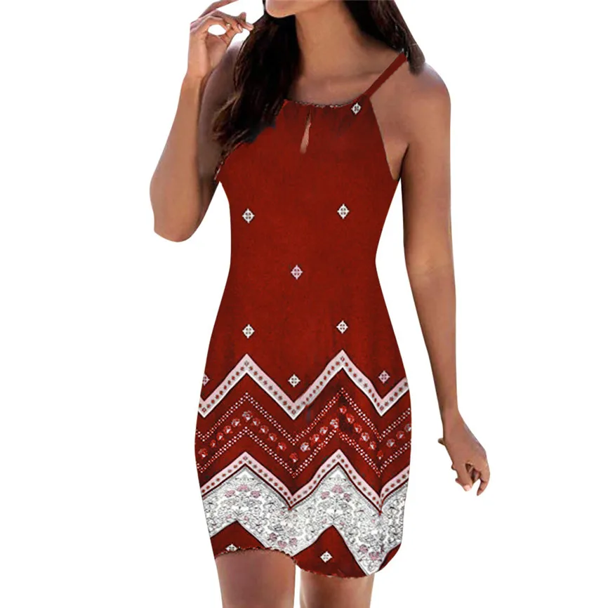 Летнее платье для женщин модные пляжные платья Холтер шеи Boho печати без рукавов повседневное мини пляжное платье Сарафан элегантное