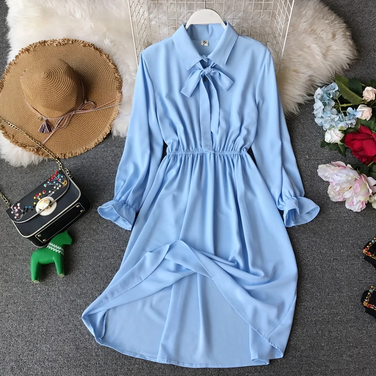 Женское шифоновое платье ALPHALMODA с длинными рукавами и бантом на воротнике в стиле