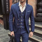 Мужской Блейзер + брюки + жилет, Синие Клетчатые костюмы, официальная одежда для свадьбы, 2019