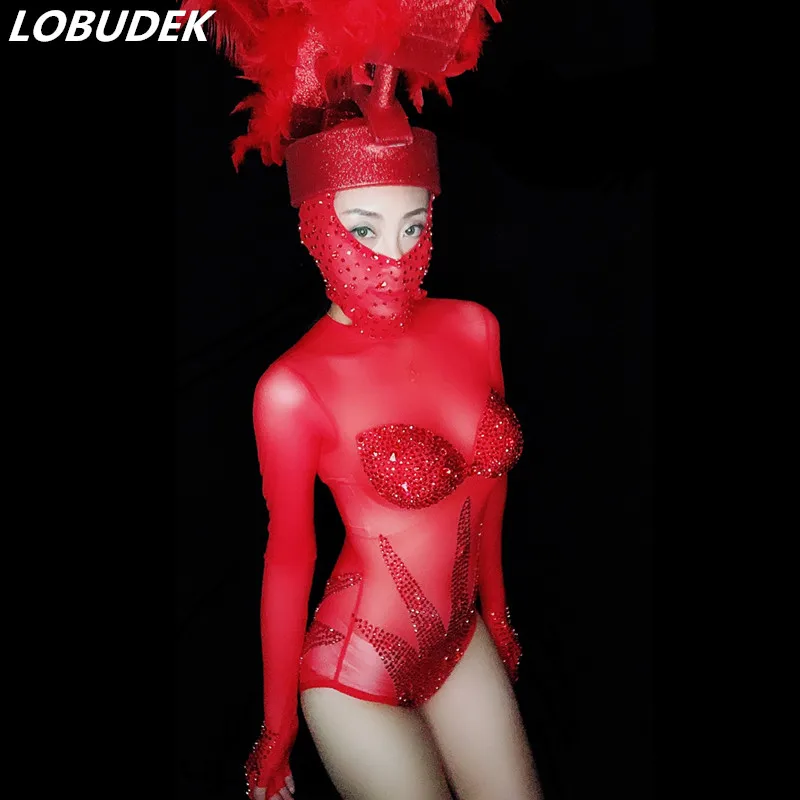 Сексуальный прозрачный ночной клуб Женский костюм Bling красные стразы Панорамное