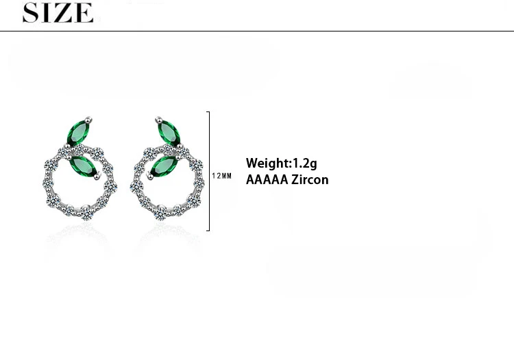 ModaOne Green Leaf Crystal Round Zircon Sterling Silver Stud Earrings For Women Fashion Trendy Jewelry Aretes De Mujer | Украшения и