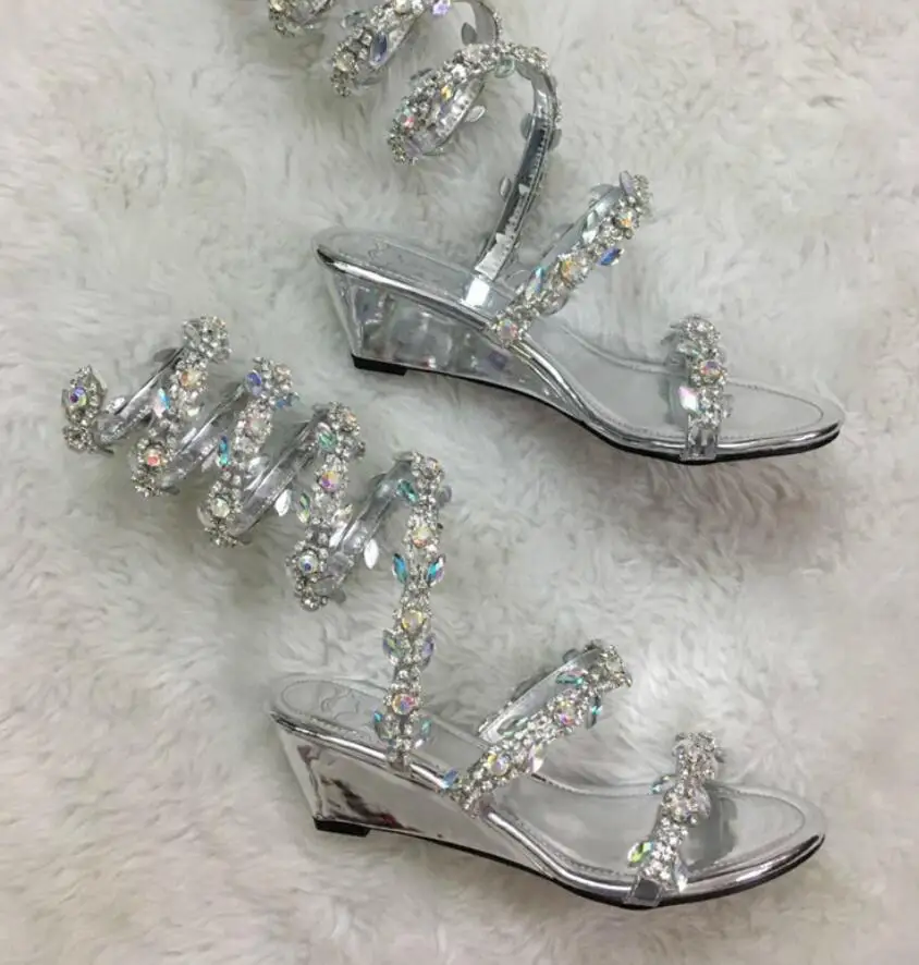 

YUE JABON Summer Flats Sandal Gladiator Rhinestone Knee High Slip On Woman Boots Bohemia Style Crystal Beach Wedge Shoes